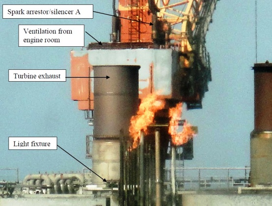 Overview photo which shows the light fitting, turbine exhaust vent, ventilation channel from the crane engine room and the combined spark arrestor/silencer